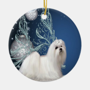 Enfeite de Natal azul de cachorro filhote maltês