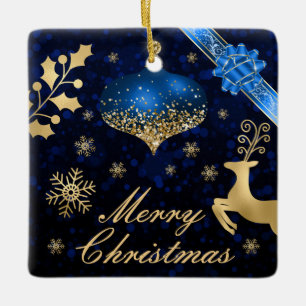 Enfeite de Natal azul e dourado com brilho e Fita