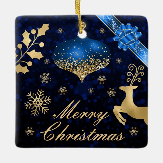 Enfeite de Natal azul e dourado com brilho e Fita (Frente)
