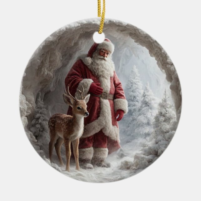 Enfeite de Natal Cerâmico 3D de Papai Noel e Rena (Frente)