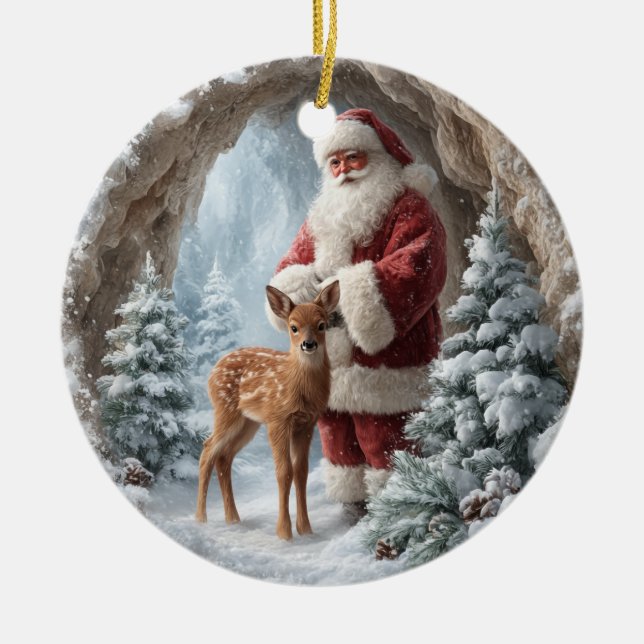 Enfeite de Natal Cerâmico 3D de Veado e Papai Noel (Frente)