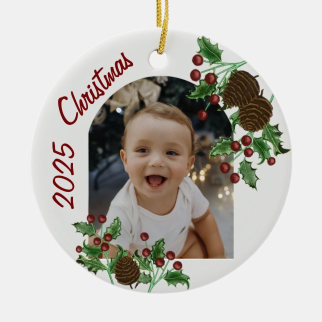 Enfeite de Natal com Azevinho e Pinhas Desenhados  (Frente)