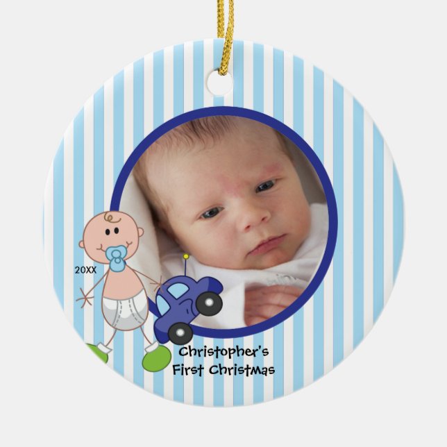 Enfeite de Natal com Foto de Bebê Menino em Forma  (Frente)