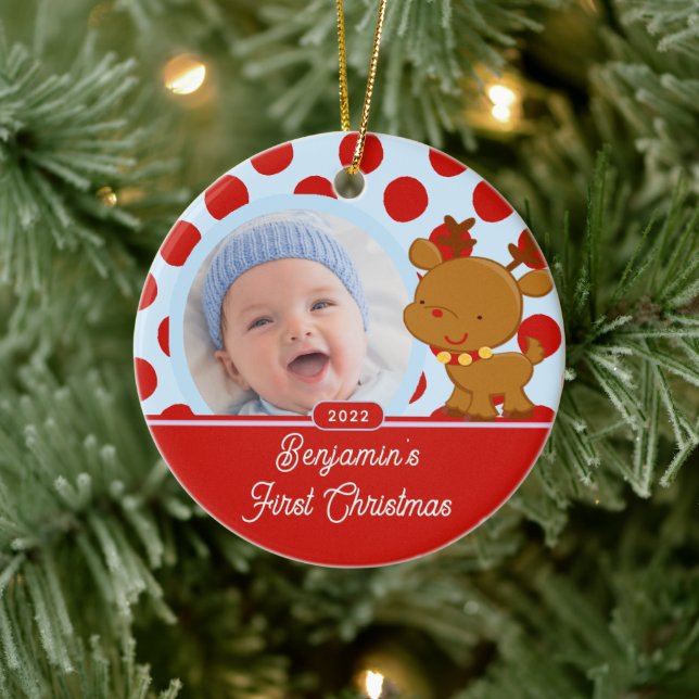 Enfeite de Natal com Foto de Bebê Menino Rena (Árvore)