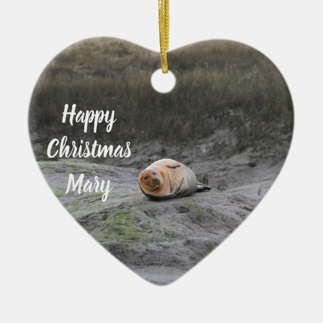 Enfeite de Natal com Foto de Foca Personalizada (Frente)