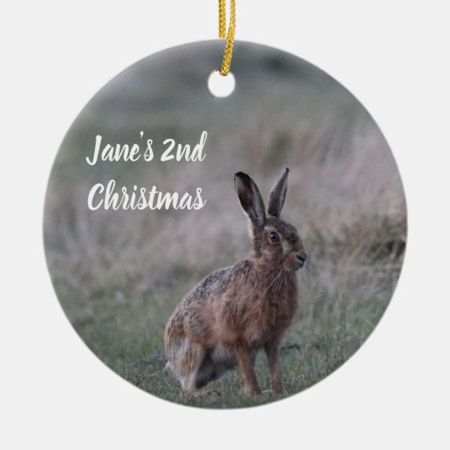 Enfeite de Natal com Foto de Lebre Personalizada (Frente)