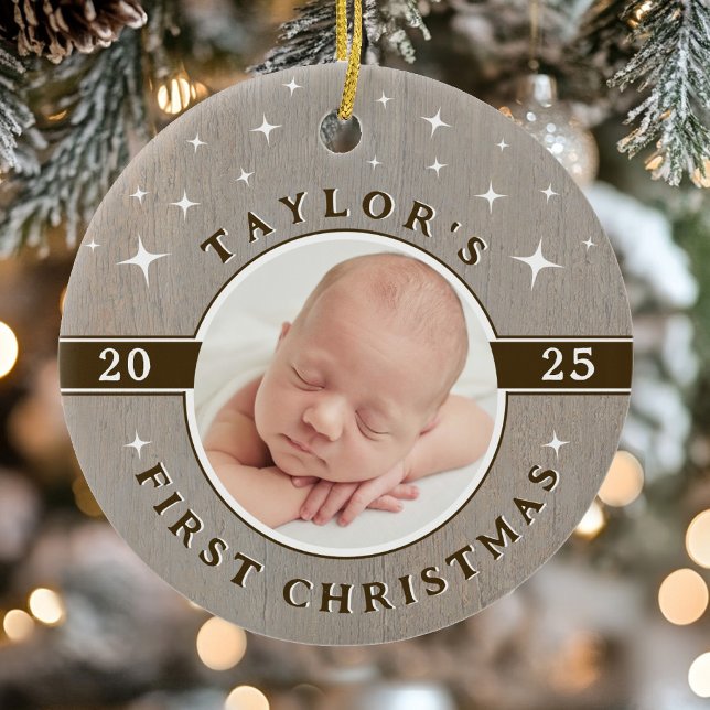 Enfeite de Natal com Foto do Primeiro Natal do Beb (Rustic Baby's First Christmas Photo Ornament)