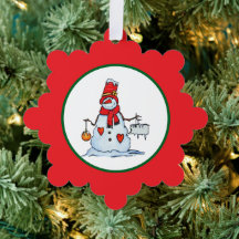 enfeite de natal de boneco de neve com corações e 