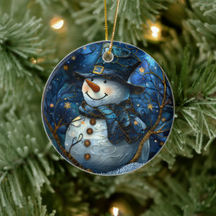 Enfeite de Natal de Boneco de Neve Vidro Policroma