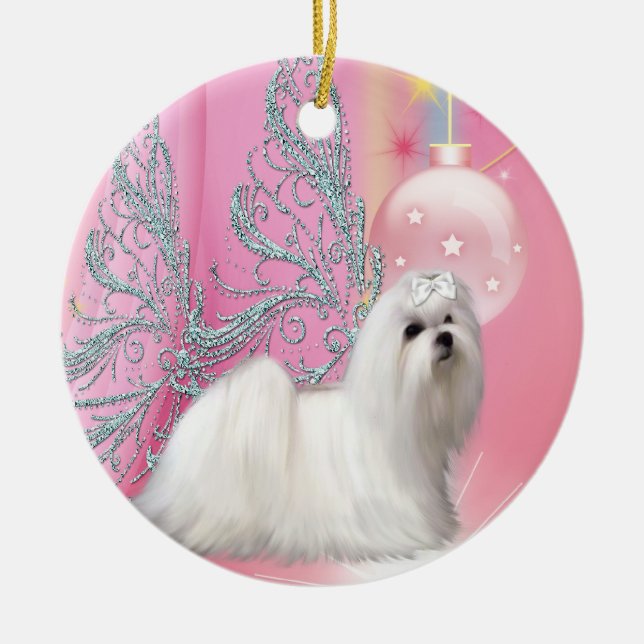 Enfeite de Natal de Cachorro Maltês Rosa (Frente)