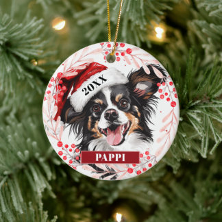 Enfeite de Natal de Cachorro Papillon com Chapéu d