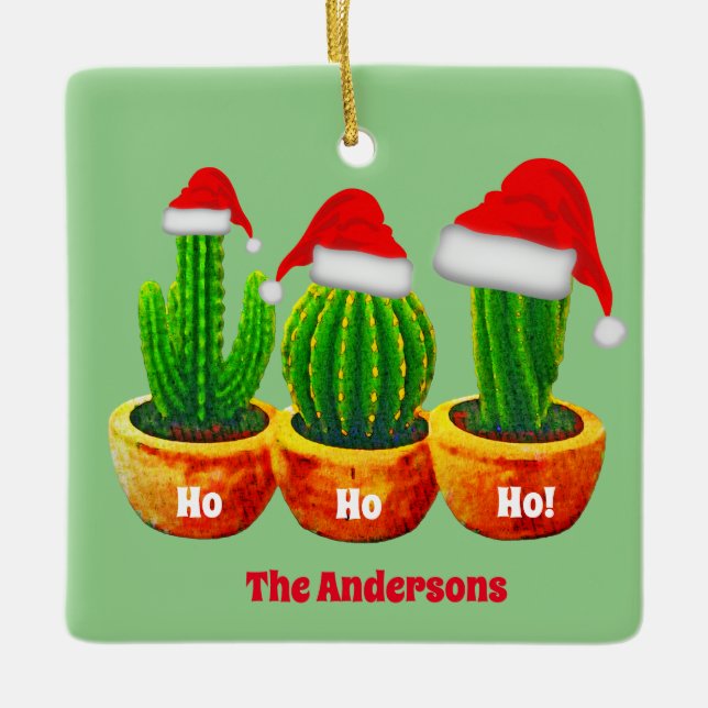 Enfeite de Natal de Cacto Ho Ho Ho Personalizado (Frente)