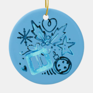 Enfeite de Natal de Cerâmica Azul com Presente