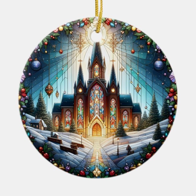 Enfeite de Natal de Igreja em Vidro Falso Pintado (Frente)