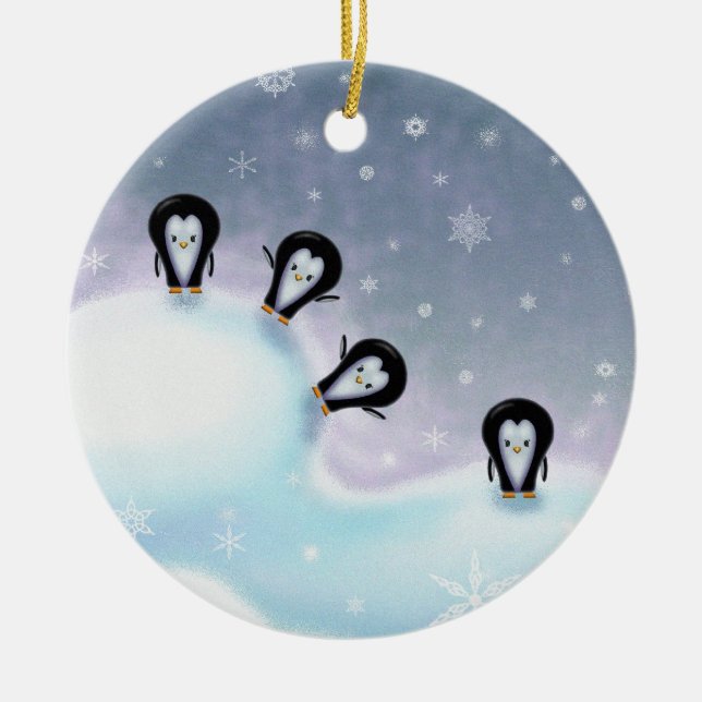 Enfeite de Natal de Pinguins se Divertindo (Frente)