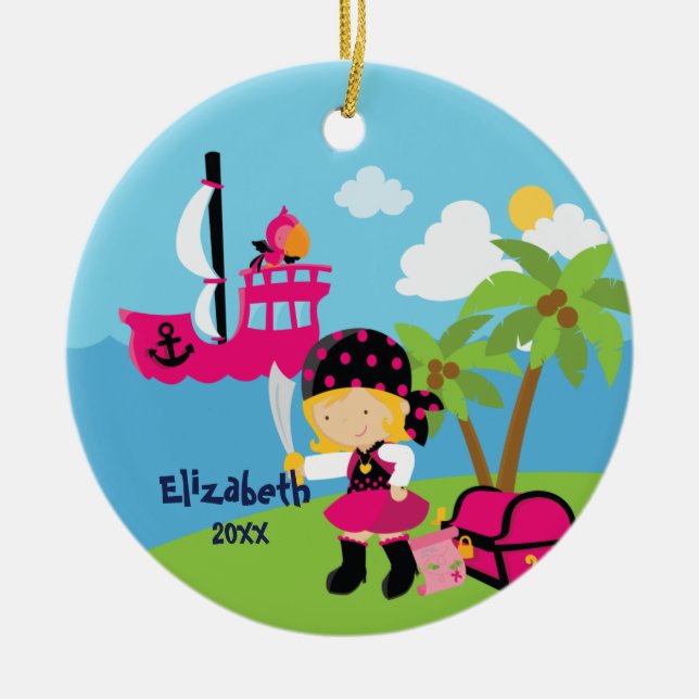 Enfeite de Natal de Pirata Menina Rosa Fofa (Frente)