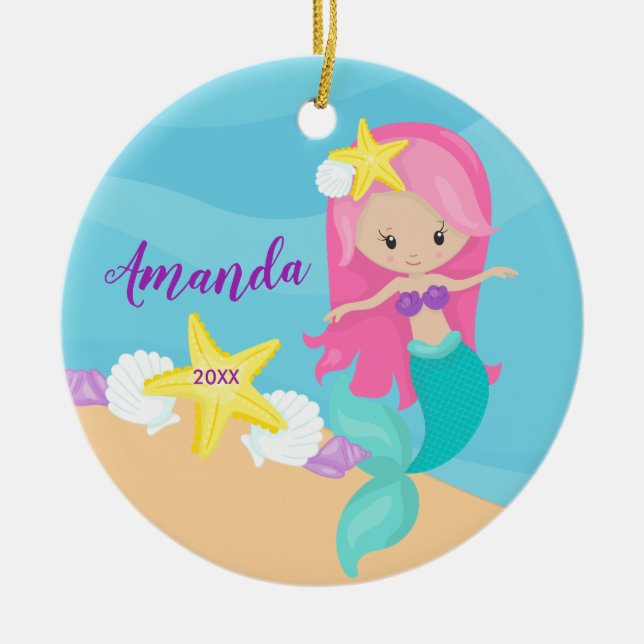 Enfeite de Natal de Sereia Rosa Fofo (Frente)