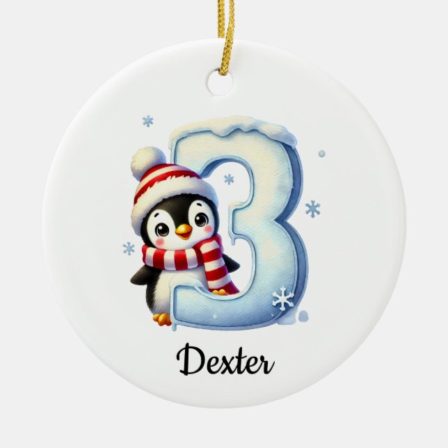 Enfeite de Natal do 3º Aniversário do Pinguim Fofo (Frente)