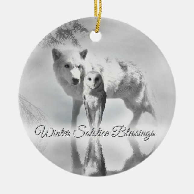 Enfeite de Natal do Solstício de Lobo e Coruja (Frente)