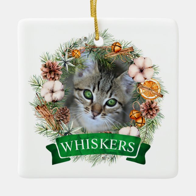 Enfeite de Natal em forma de Coroa com Gato (Frente)