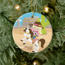 Enfeite de Natal Menina Loira de Cavalo Caubói