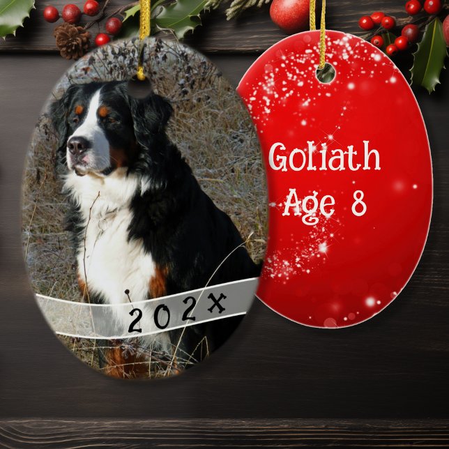 Enfeite de Natal Oval com Foto de Cachorro Datado (Criador carregado)