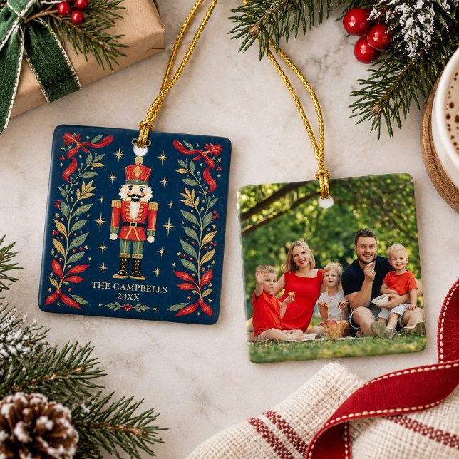 Enfeite de Natal Personalizado com Foto do Quebra- (Custom celestial nutcracker holiday ornament featuring a custom family photo on the back.)