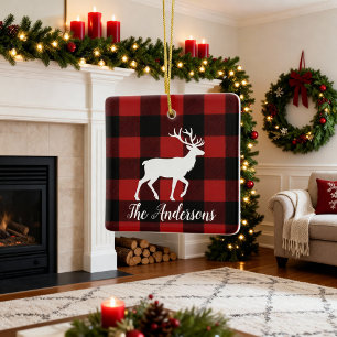 Enfeite de Natal Plaid Deer Nome da Família