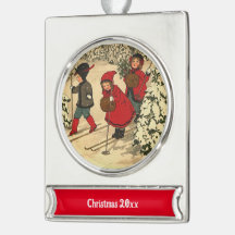 Esqui infantil, uma cena de inverno antiga