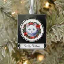 Gato Branco na Pintagem de Aquarela de Natal,