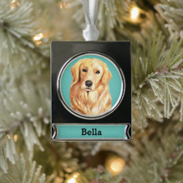 Enfeite De Natal Prateado Com Faixa Retrato Personalizado de Cachorro Golden Retriever