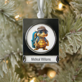 Enfeite De Natal Prateado Com Faixa Tartaruga Bonita Aventurada com Mochila,