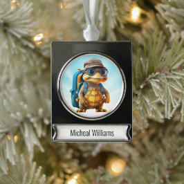 Enfeite De Natal Prateado Com Faixa Tartaruga Bonita Aventurada com Mochila,