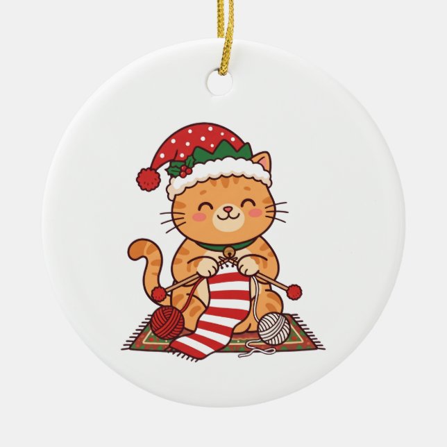 Enfeite de Natal Presente de Gato Tecendo Cachecol (Frente)