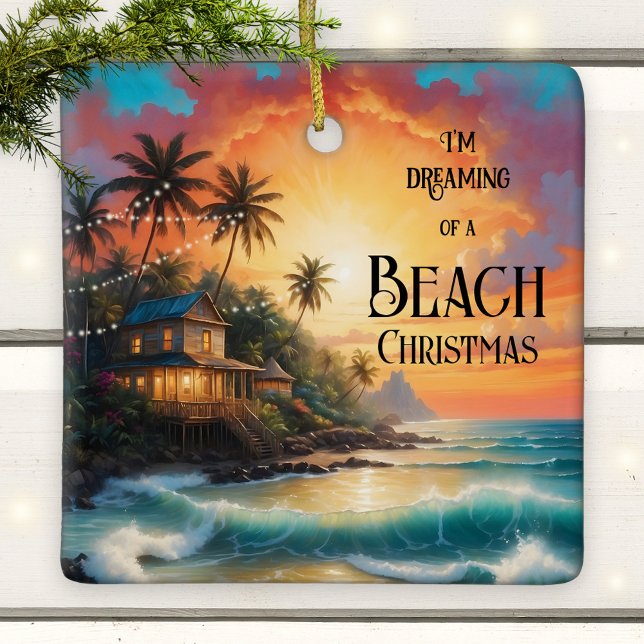 Enfeite de Natal Sonhando uma Praia Tropical (Colorful Christmas ornament featuring a painting of a house on a tropical beach)