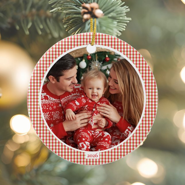 Enfeite de Natal Xadrez Aconchegante com Foto (Cozy Christmas Gingham Photo Ornament)