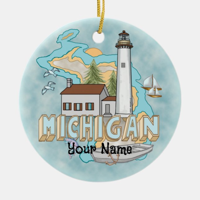 Enfeite de nome personalizado do Farol de Michigan (Frente)