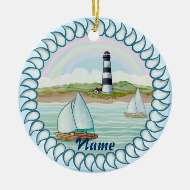 Enfeite de nome personalizado Farol de barcos à ve (Frente)