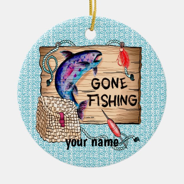 Enfeite de nome personalizado Gone Fishing (Frente)