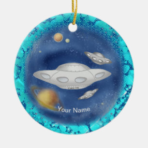 Enfeite de nome personalizado Nave Espacial Cinza