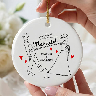 Enfeite de Primeiro Natal Casado Desenhado à Mão