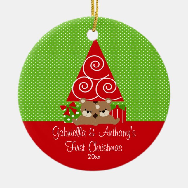 Enfeite de Primeiro Natal de Gêmeos Bebês Árvore d (Frente)