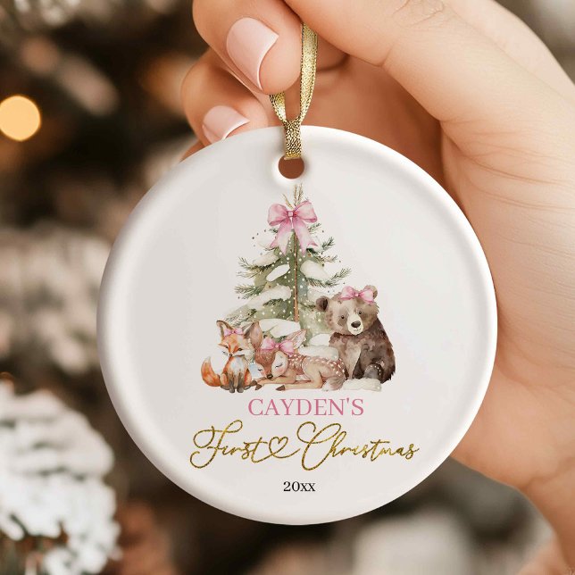 Enfeite de Primeiro Natal Floresta Rosa Coquette (Criador carregado)