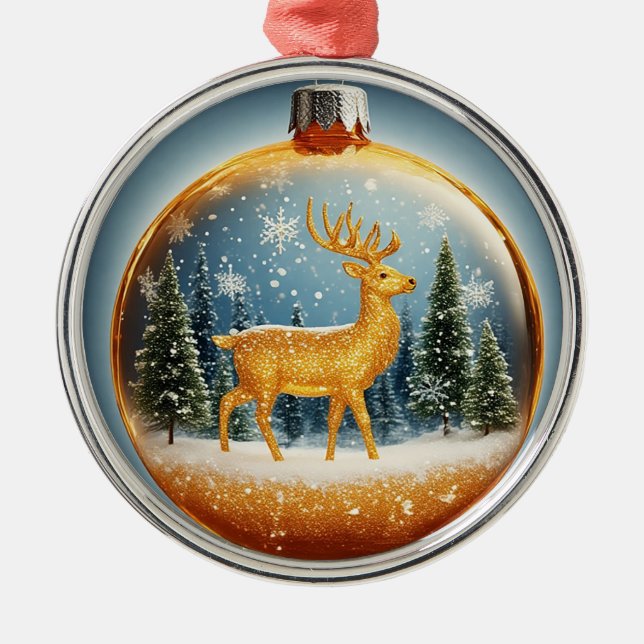 Enfeite de Rena Dourada em um Globo de Natal Nevad (Frente)