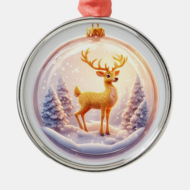 Enfeite de Rena Dourada em um Globo de Natal Nevad (Frente)