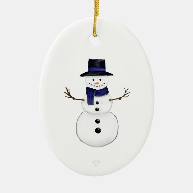 Enfeite Oval de Cerâmica Homem de Neve e Floco de  (Frente)