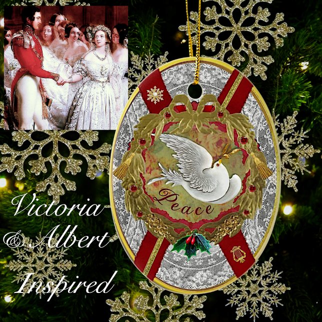 Enfeite Pombo da Paz 'Normandie' de Dresden (White lace & royal red accented with gold, inspired by the wedding of Queen Victoria & Prince Albert)