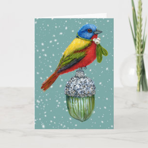 Enfeite vintage com cartão de férias de passarinho