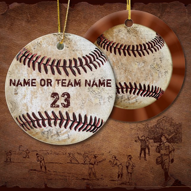 Enfeites de beisebol vintage com NOME e NÚMERO (Baseball Christmas Ornament. Custom Baseball Ornament. Personalized Baseball Player ornament. )