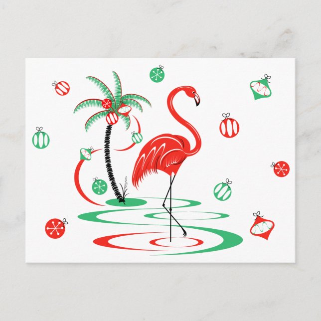 Enfeites de flamingo de Natal Vermelho cartão post (Frente)